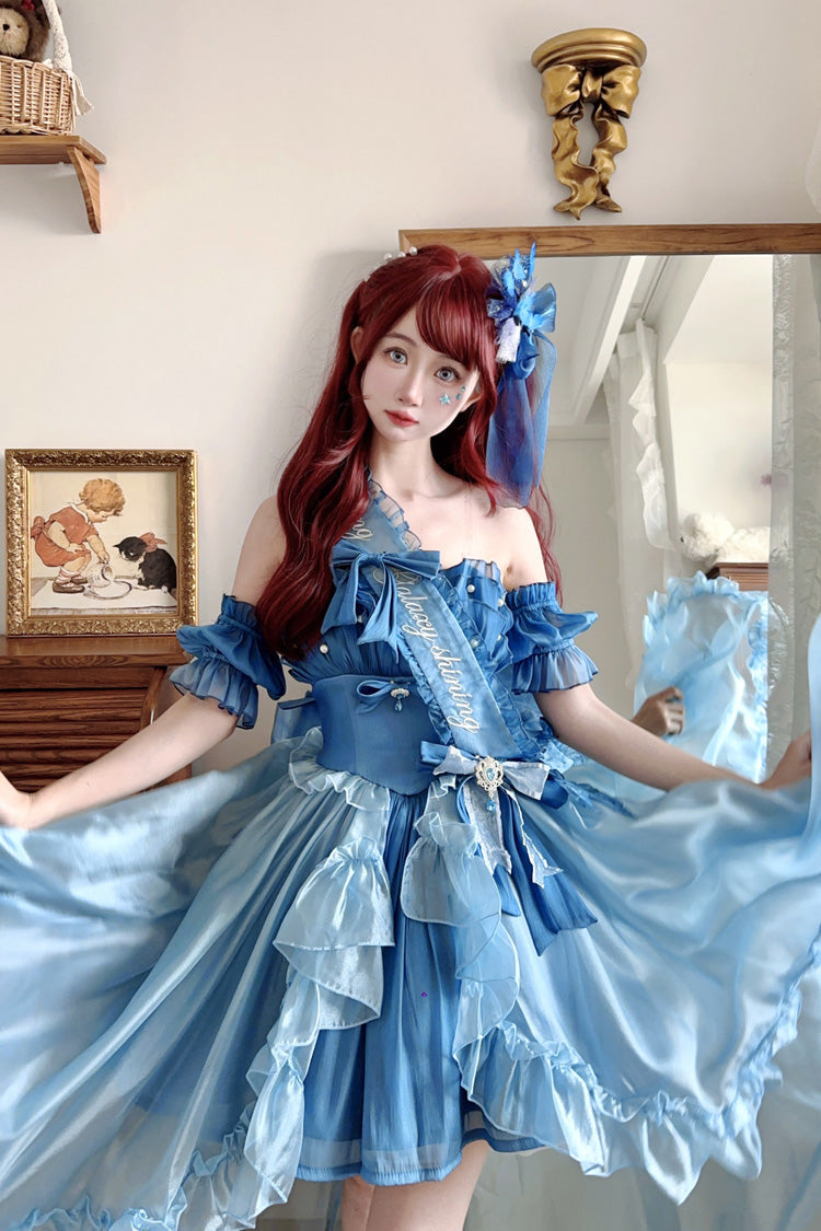 Mermaid Princess Ruffle Hanayome Bow Sweet Elegant JSK Dress Set in Blue