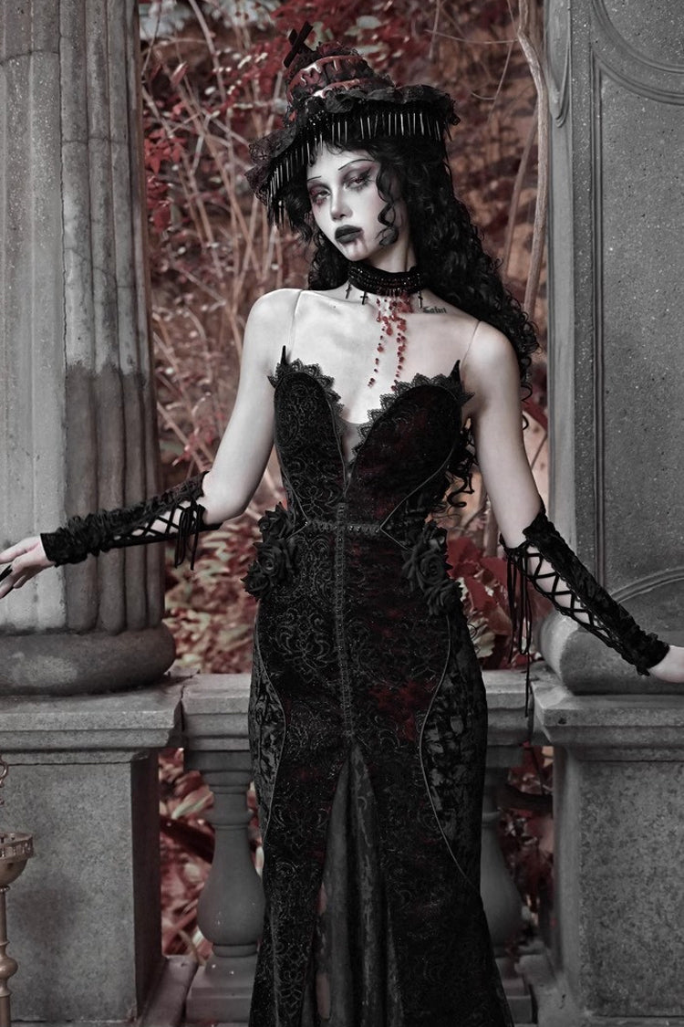Black/Red High-Waisted Embroidered Lace Sleeveless Ruffle Gothic Fishtail Dress - Scarlet Blood Peak