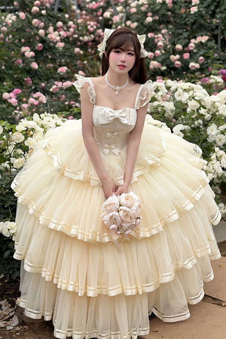 Organza Satin Sleeveless Layered Ruffled Bow Lace Sweet Lolita JSK - Apricot