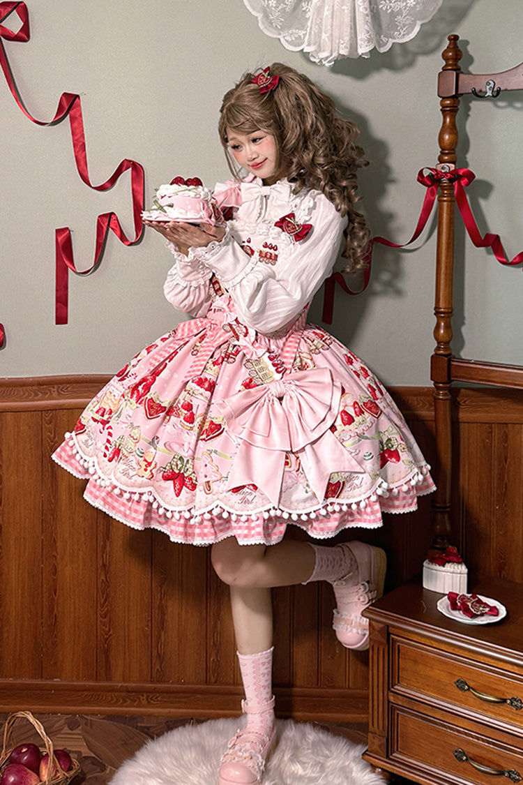Mint Strawberry Dessert Printed Natural Waist Sweet Lolita JSK Dress - Ruffled