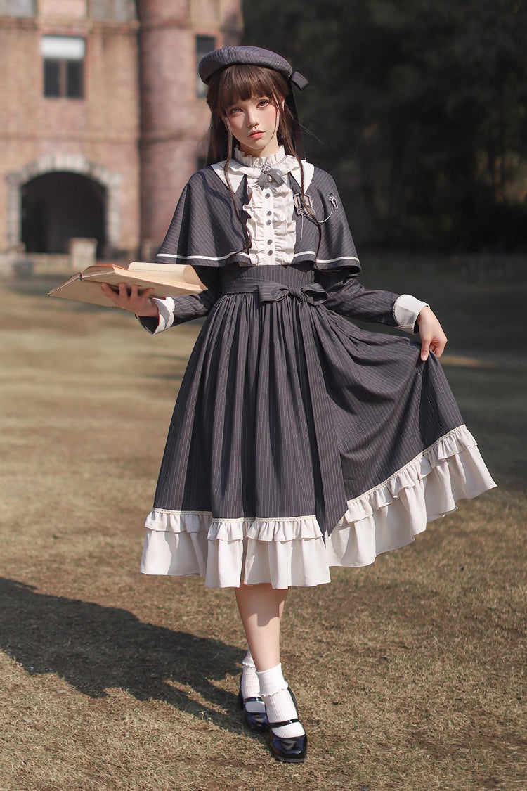 Striped Ruffle Bowknot Long Sleeve College Style Lolita Dress Dark Blue