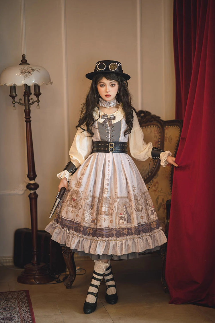 Lantern-Sleeved Lolita Dress with Ruffled Demon Print