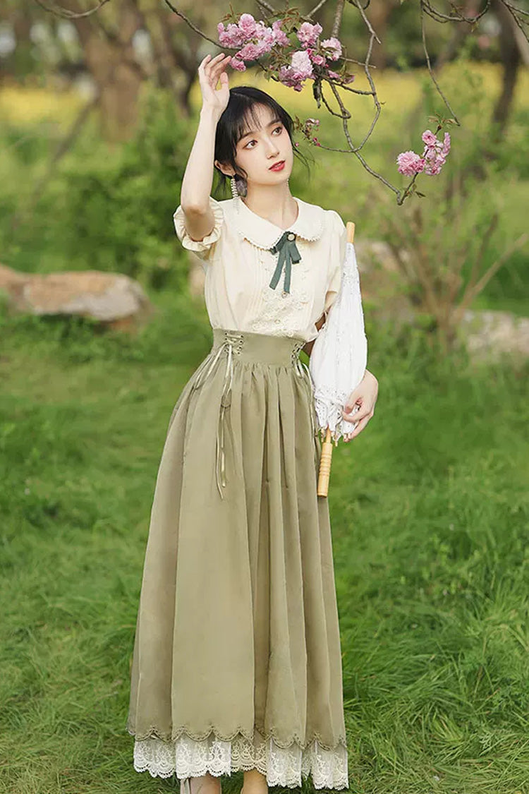 Lapel Collar Short-Sleeve High-Waisted Lace-Up Wave Hem Lolita Two-Piece Set, 7 Colors