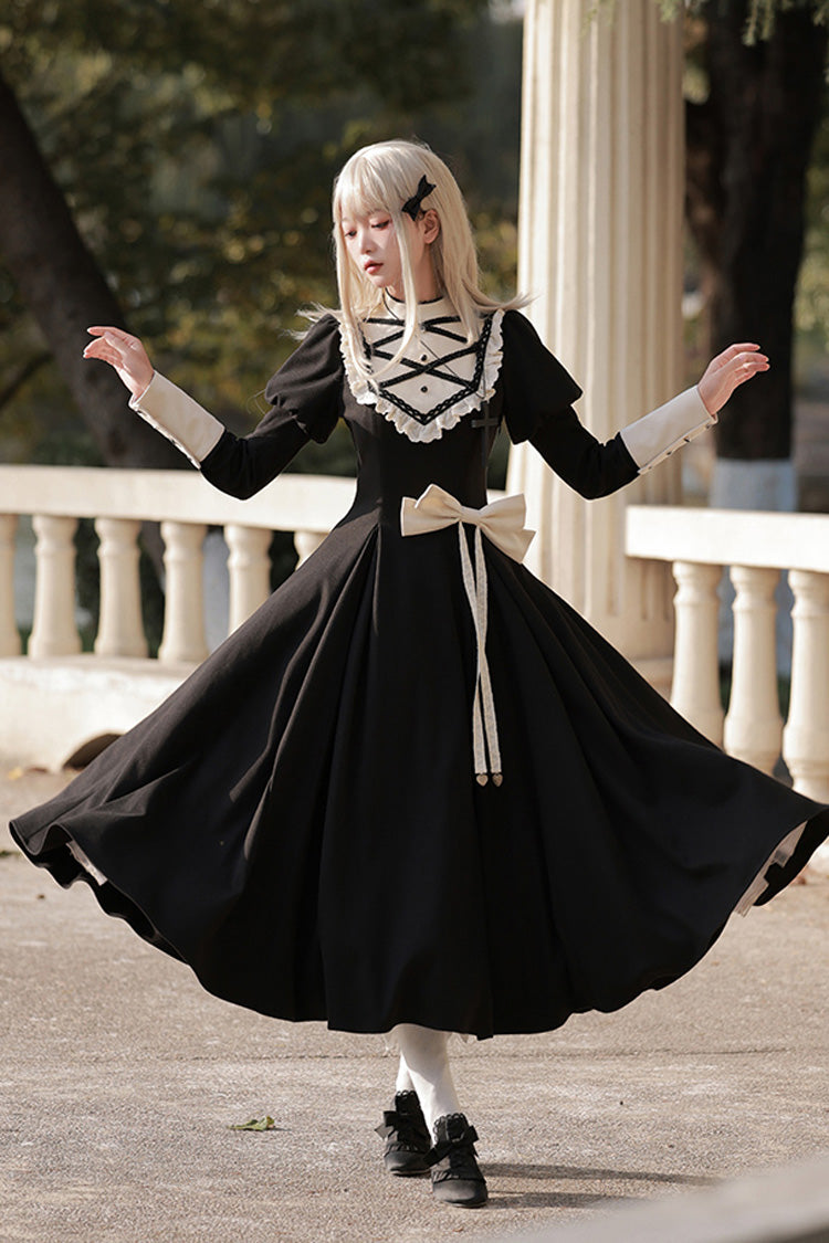 Elegant Lolita Dress with Stand Collar, Ruffles, and Bowknot