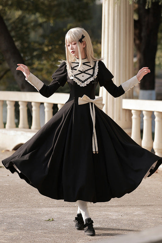 Elegant Lolita Dress with Stand Collar, Ruffles, and Bowknot