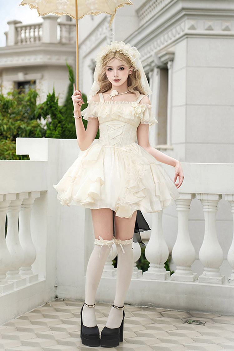 Cream Moonlight Variations Sleeveless Lace-Up Frilled Sweet Lolita Short JSK Dress