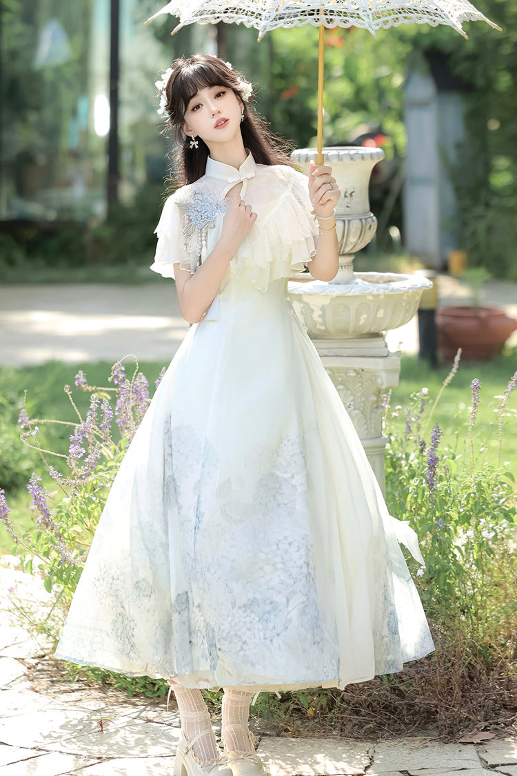 Ivory Print Ruffle Lace Chinese Elegant Dress
