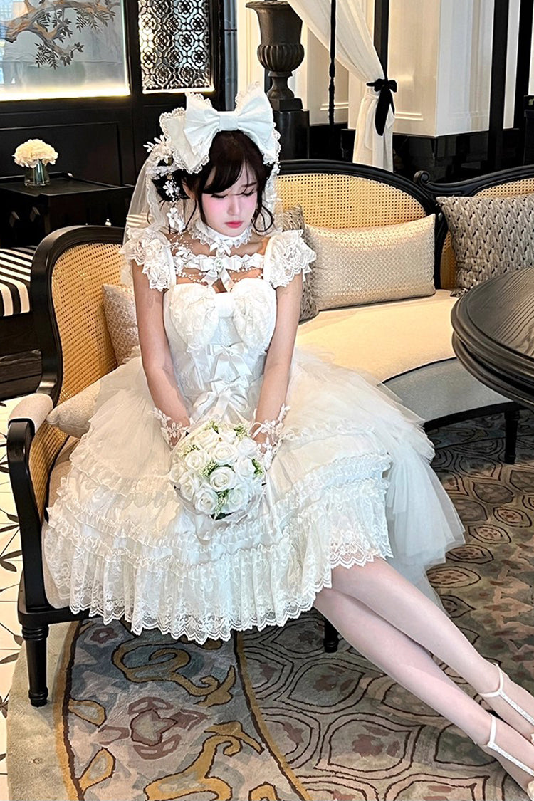 Ivory Halter Ruffle Bridal Bow Lace Gothic Dress