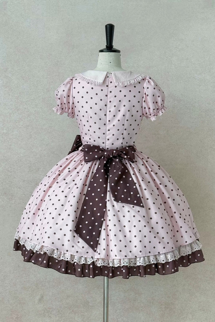 Canelé Gift Box Round Collar Short Sleeves Double-Layered Printed Polka Dot Ruffled Open-Front Bow Asymmetric Sweet Lolita Dress V2 - Pink