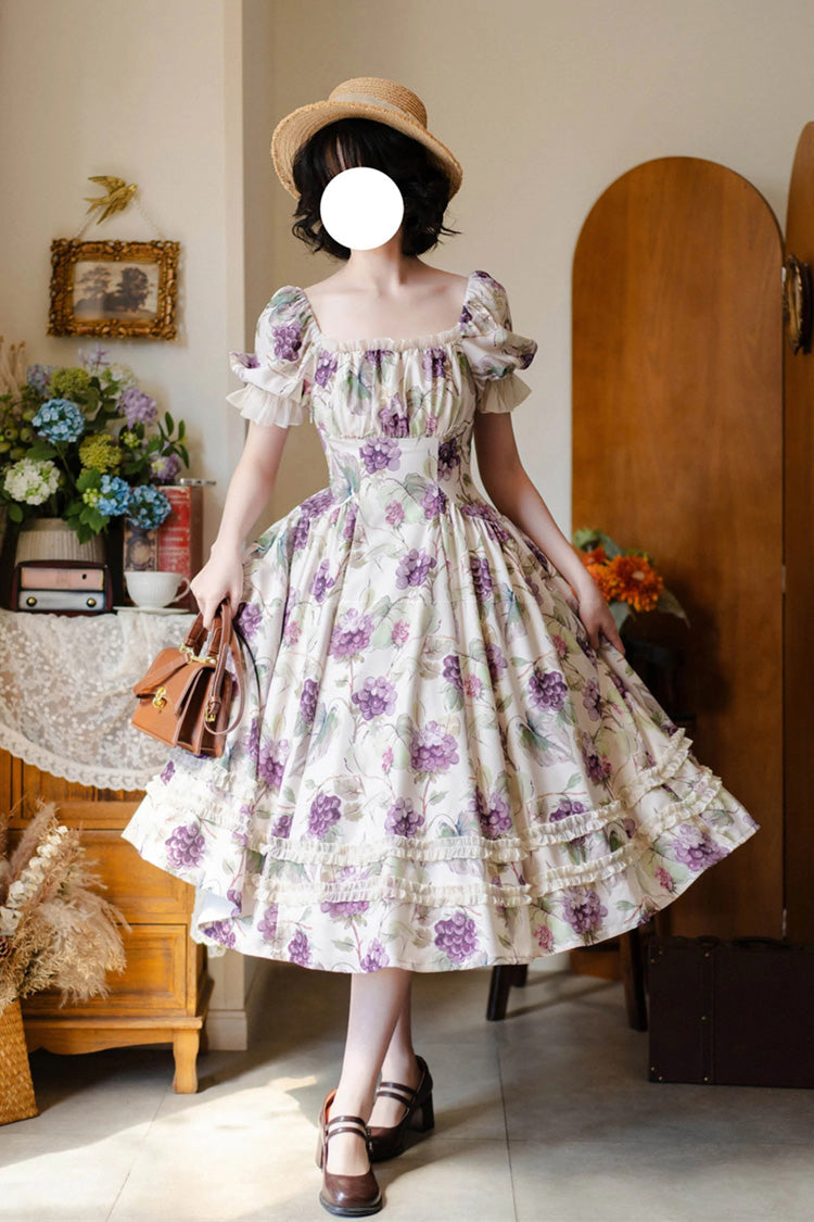Short Sleeves Grape Printed Dress - Basket of the Forest