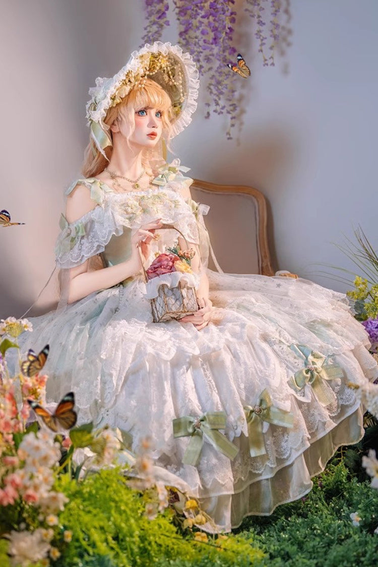 Glazed Phantom Off Shoulder Ruffle Hanayome Bow Lace Elegant Lolita Dress in Green