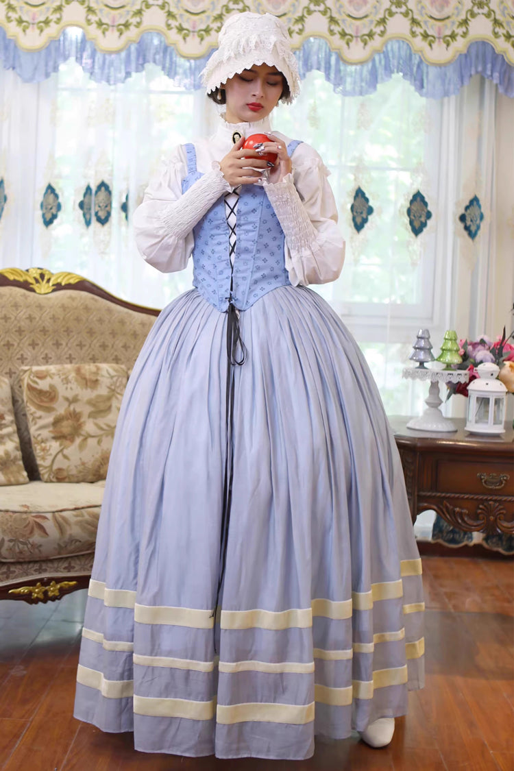Light Blue Puffed Sleeve Corset Dress with Lace-Up and Fishbone Detail