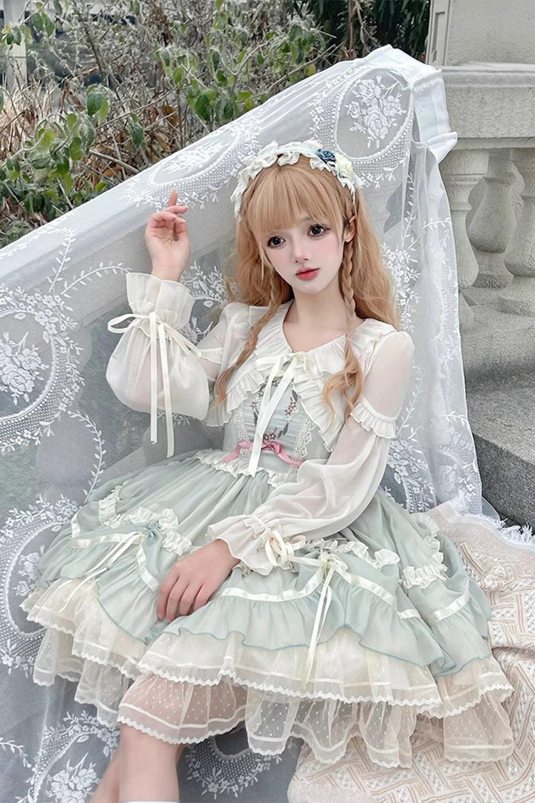 Emerald Light Dance Multi-Tier Ruffle Embroidery Lace Sweet Jumper