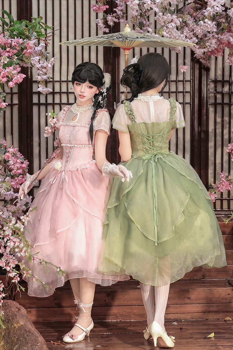 Fragrance Stand Collar Short Sleeves Multi-Layered Printed Ruffled Bow Lace Irregular Chinese Style Sweet Lolita Dress 2 Colors - Green/Pink