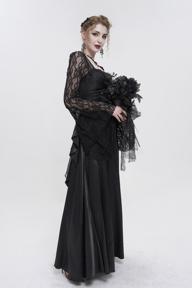 Gothic Pointed Long-Sleeve Back-Zip Satin Floor-Length Black Lace Formal Gown
