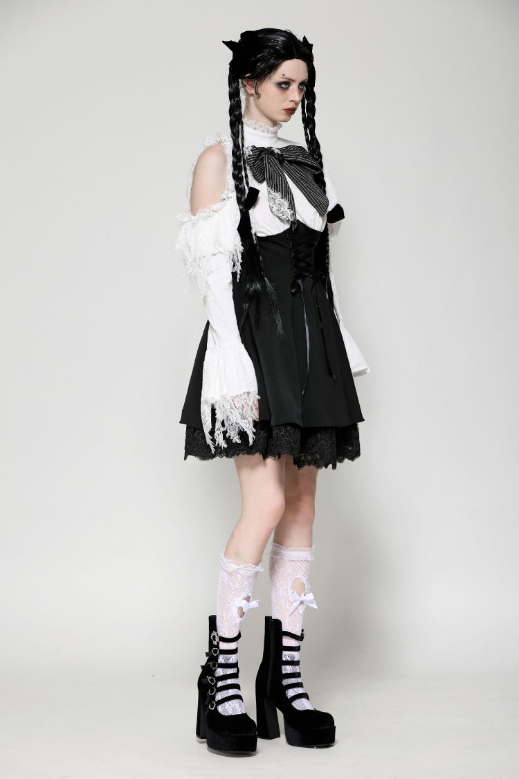 Lace High Collar Asymmetric Long Trumpet Puff Sleeves Bowknot Gothic Short Dress