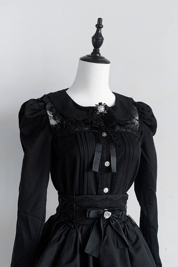 Doll Collar Triple Layered Ruffled Bow Lace Jirai Skirt and Blouse Set in Two Colors