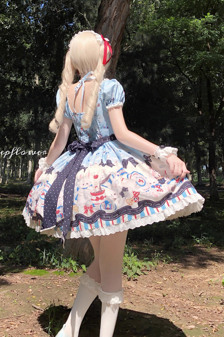 Square Collar Short Sleeve Print Ruffle Sweet Lolita Dress Blue
