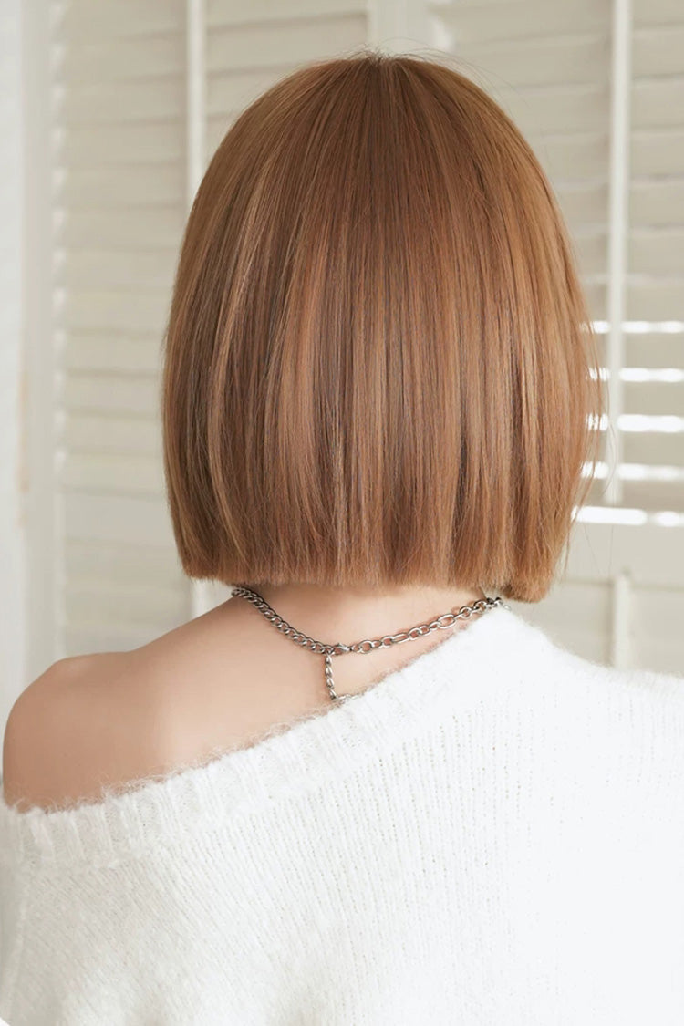 Japanese-Style Roasted Brown Short Wig with Full Bangs for Sweet Lolita