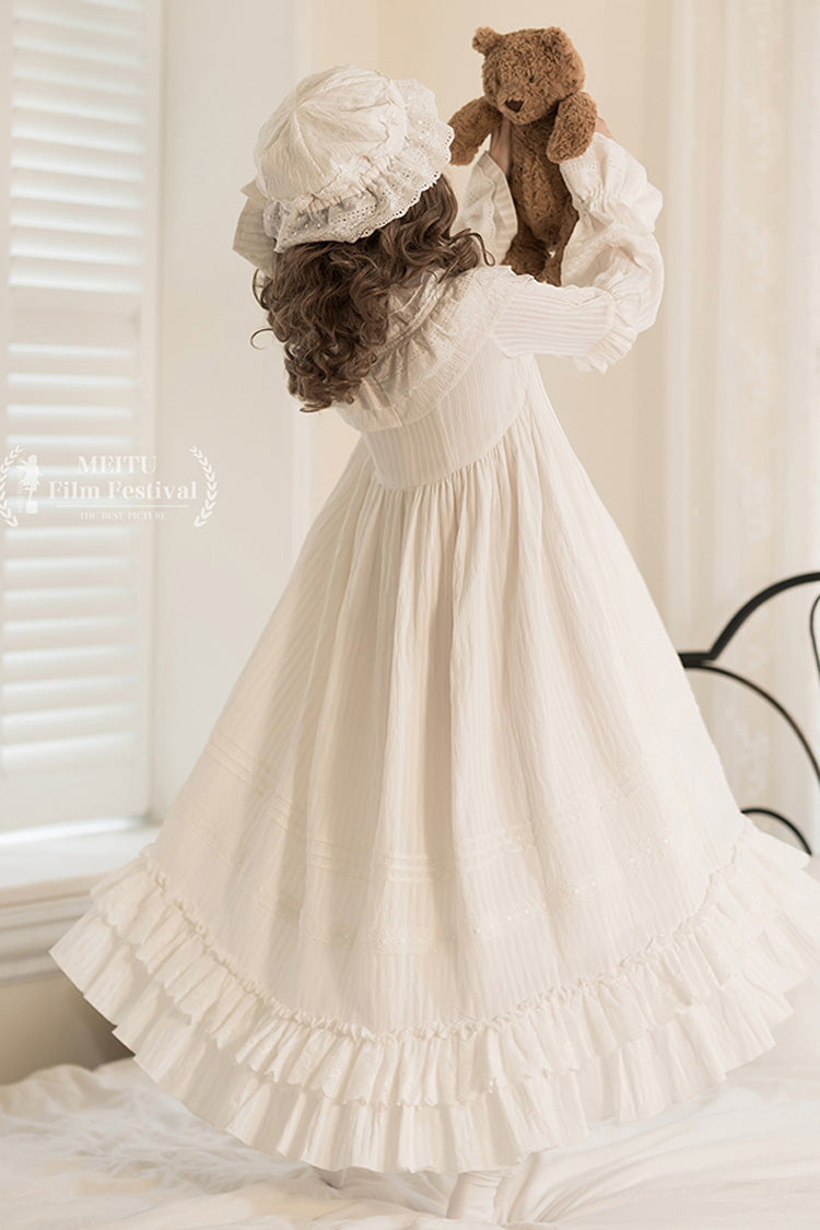 Ivory Long Sleeve Double Ruffle Bow Lace-Up Holy Dress