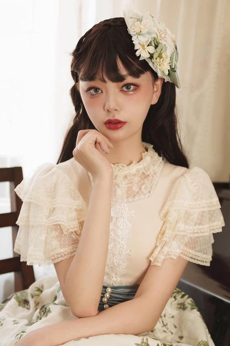 Hollow Lace Sweet Blouse with Removable Pads & Short Sleeves