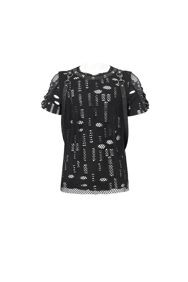 Punk T-Shirt for Men with Half Hollow Shoulder Tie Accent