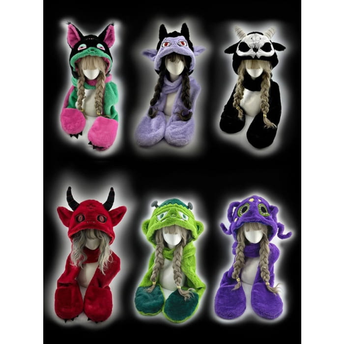 Black and White Scarf Gloves Hat All-in-one with Horns - &