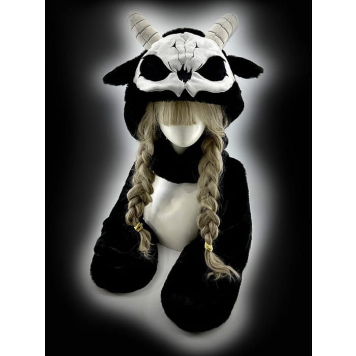 Black and White Scarf Gloves Hat All-in-one with Horns - &