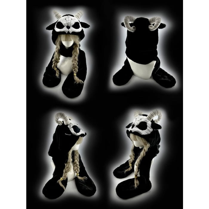 Black and White Scarf Gloves Hat All-in-one with Horns - &