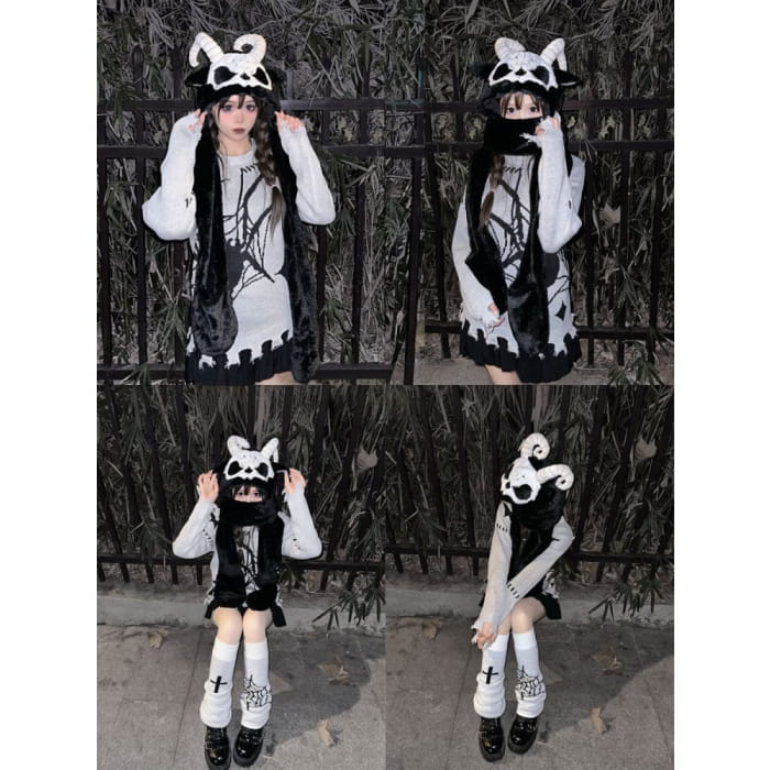 Black and White Scarf Gloves Hat All-in-one with Horns - &