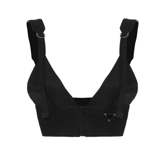 Black Front Zip Buckle Top - S / Black - Tops