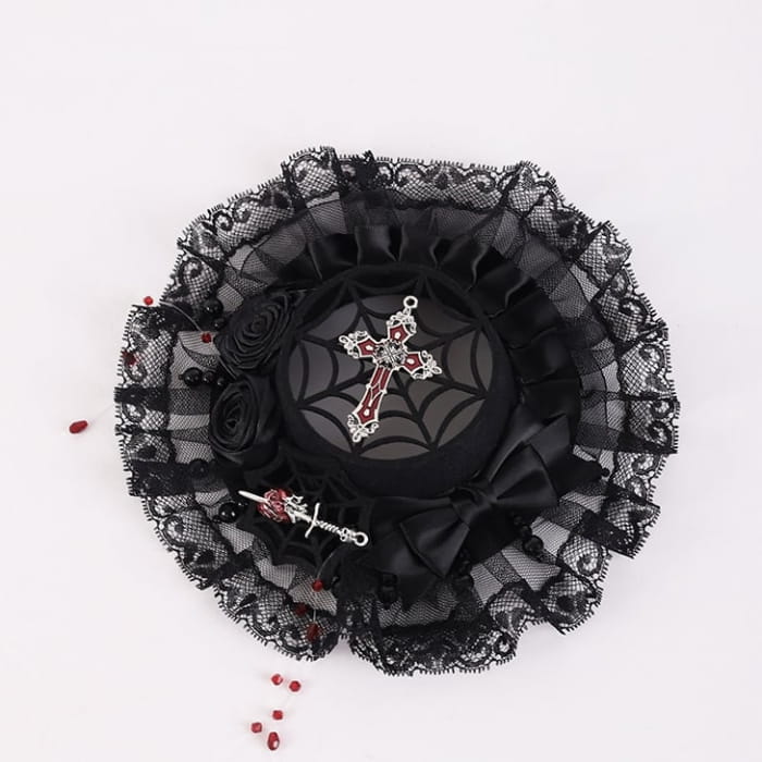 Black Rosette Bowknot Mini with Red Beads Hat - Free Size