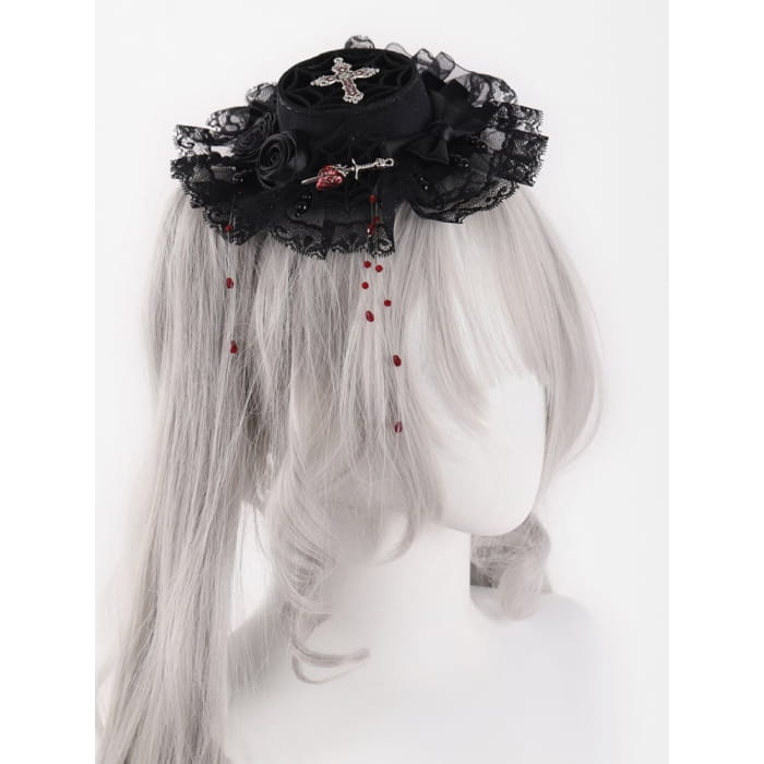 Black Rosette Bowknot Mini with Red Beads Hat - Free Size
