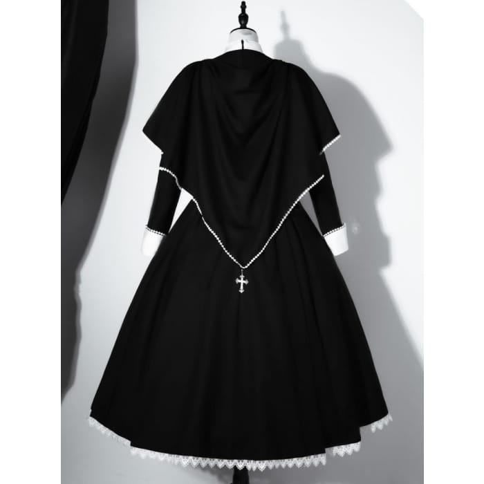 Black White Cross Embroidery Lolita Cape Dress Set