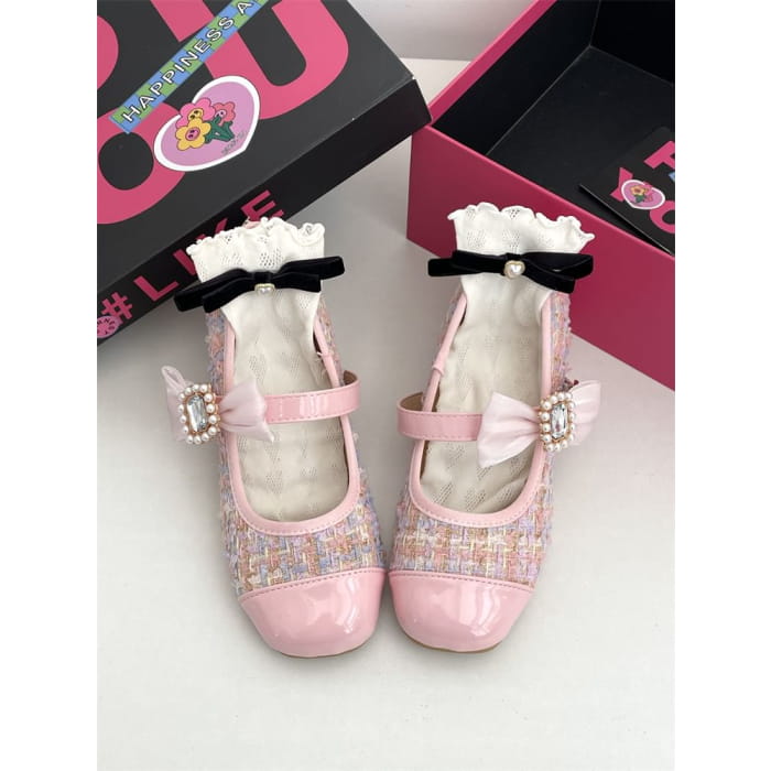 Block Heel Tweed Bow Mary Jane Pumps