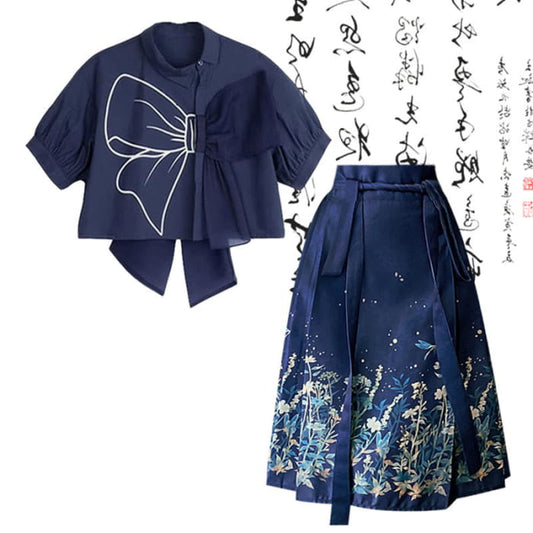 Blue Bow Print T-Shirt Vintage Pleated Skirt - Shirt