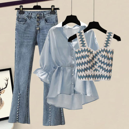 Blue Drawstring Shirt Tank Top Flared Denim Pants - Shirt