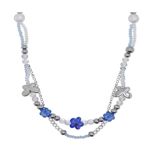 Blue Flowers Beaded Necklace - Standart