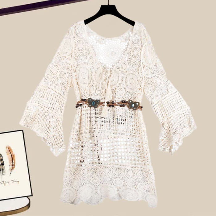 Boho Belted Crochet Hollow Out Top Vintage Floral Print