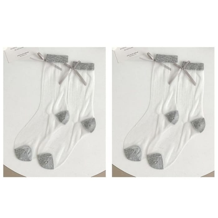 Bow Accent Mesh Socks Set - Of 2 Pairs - Gray / One Size