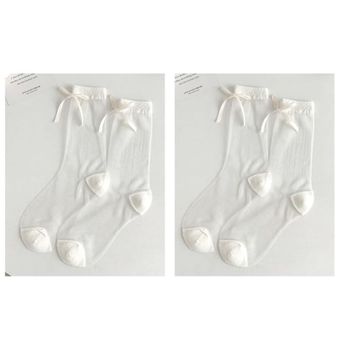 Bow Accent Mesh Socks Set - Of 2 Pairs - White / One Size