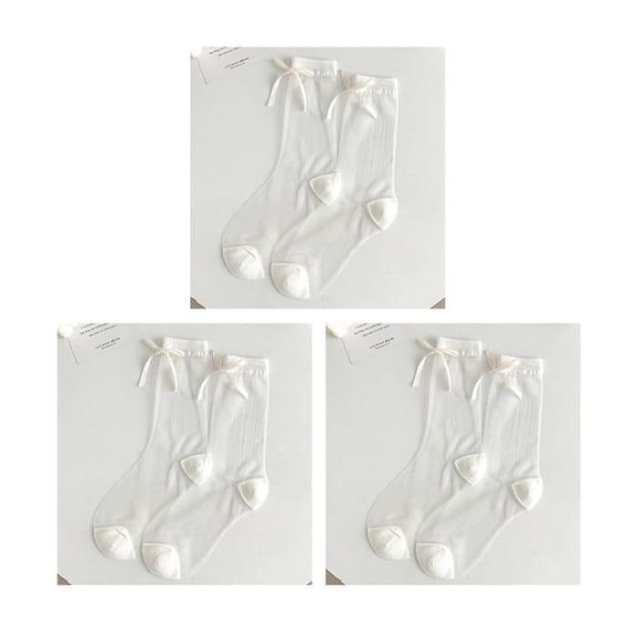 Bow Accent Mesh Socks Set - Of 3 Pairs - White / One Size