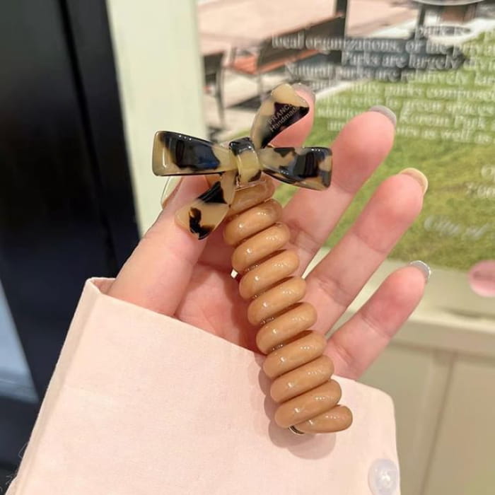 Bow Coil Hair Tie - 10 - Leopard - Khaki / One Size