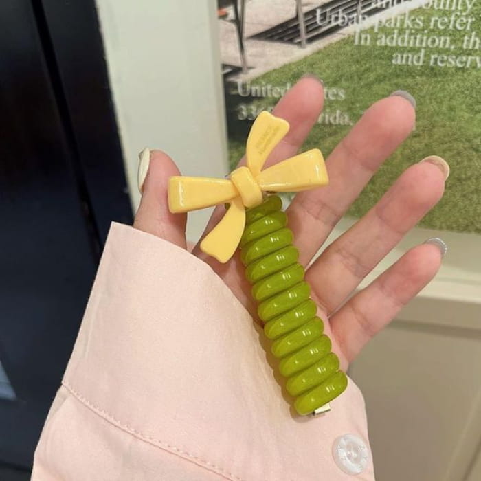 Bow Coil Hair Tie - 6 - Yellow - Green / One Size