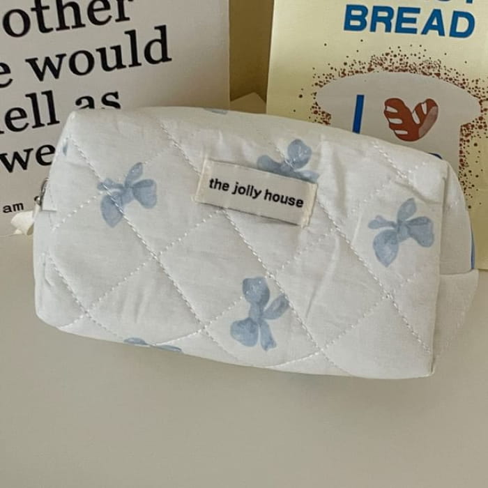 Bow Fabric Pencil Case - Octagonal Bag - Blue / One Size