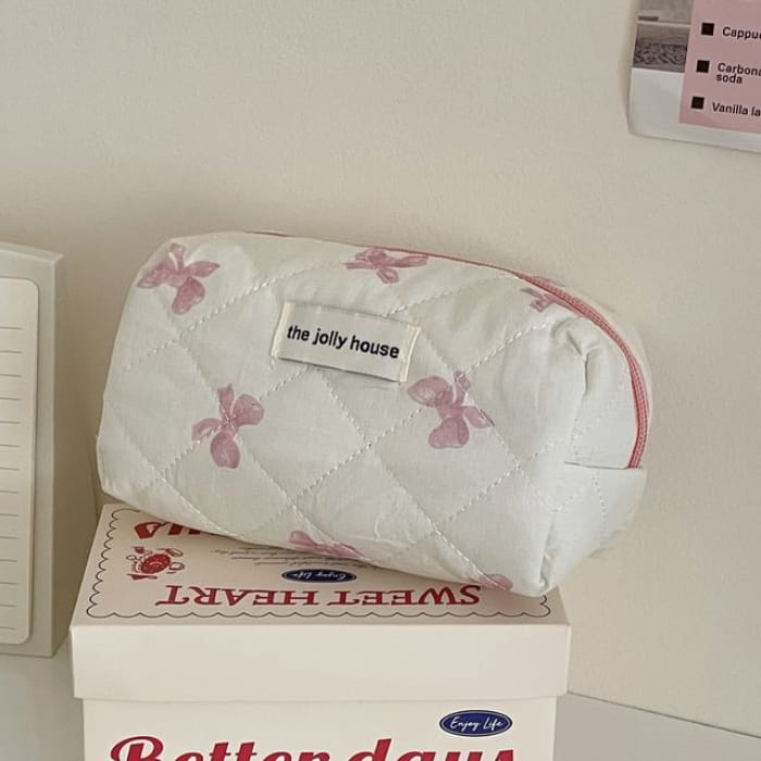 Bow Fabric Pencil Case - Octagonal Bag - Pink / One Size