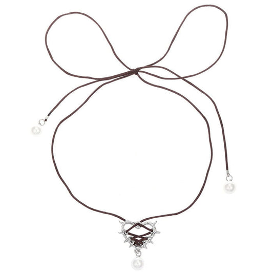 Bow Heart Pearl Necklace - Standart / Brown