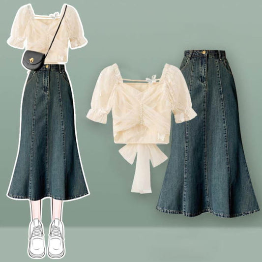 Bow Knot Butterfly Tulle Crop Top T-Shirt Fishtail Denim