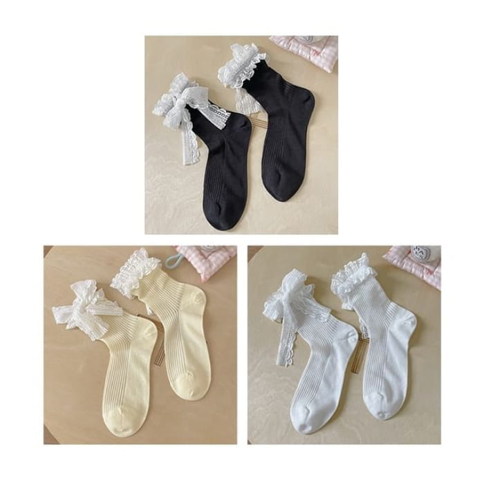 Bow Lace Socks / Set - Of 3 Pairs - Black & Yellow White