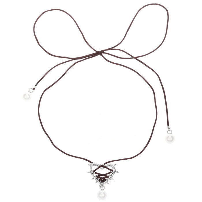 Bow Lace Up Heart Necklace - Standart / Brown